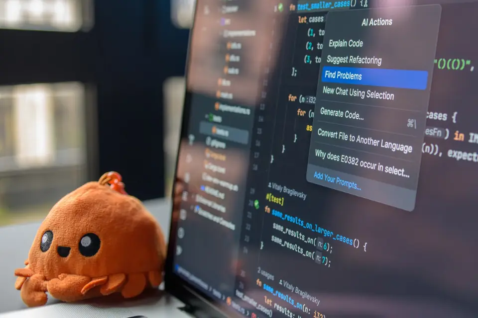 AI assistant suggestions open in a code editor beside a developer's desk